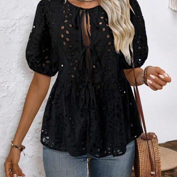 Black Casual Women's Round Neck Short Sleeve Shirt Peplum Top - Picture 1 of 7